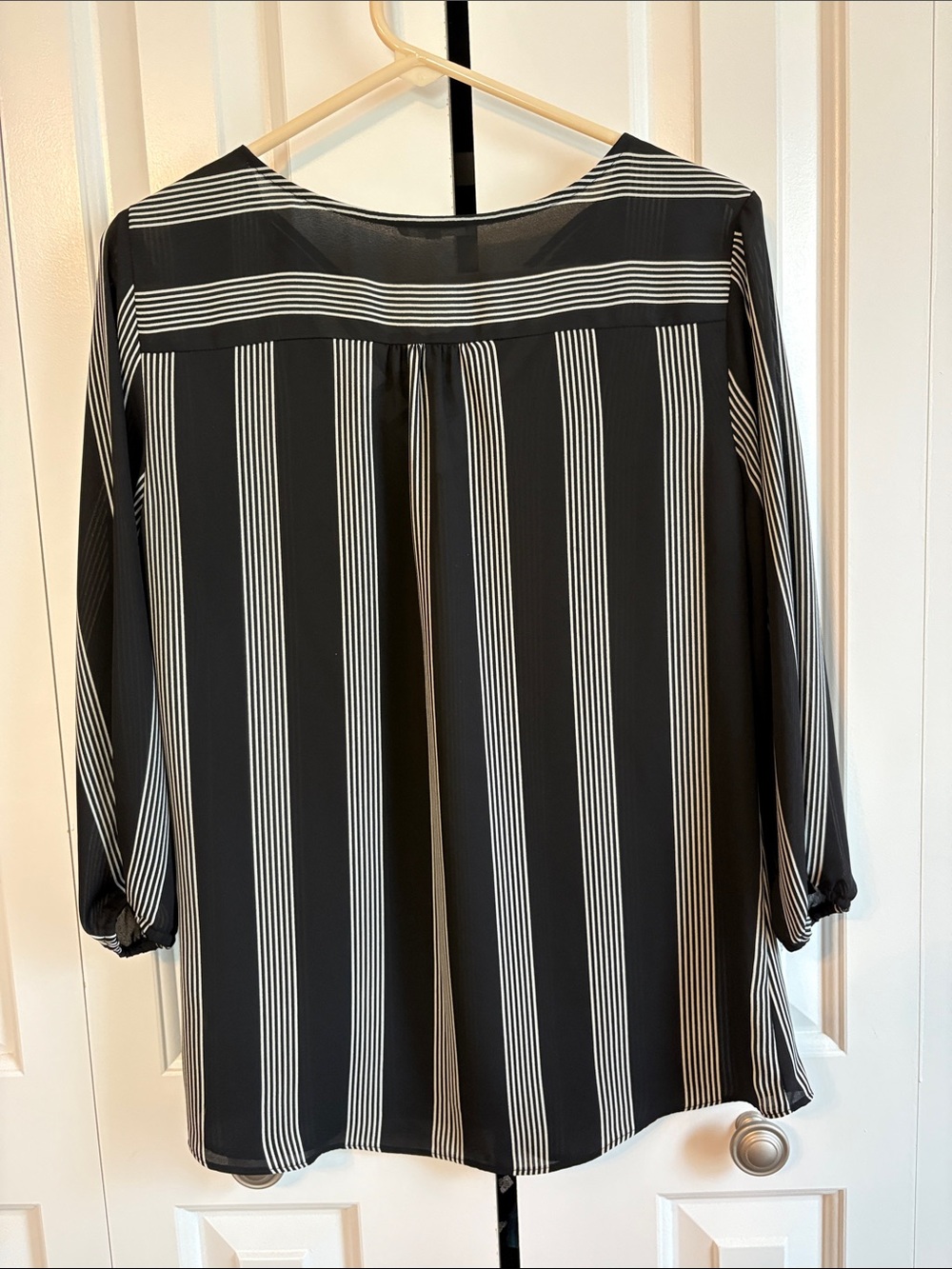Maurices Black and White Striped Lace-Up V-Neck Blouse - Picture 4 of 5